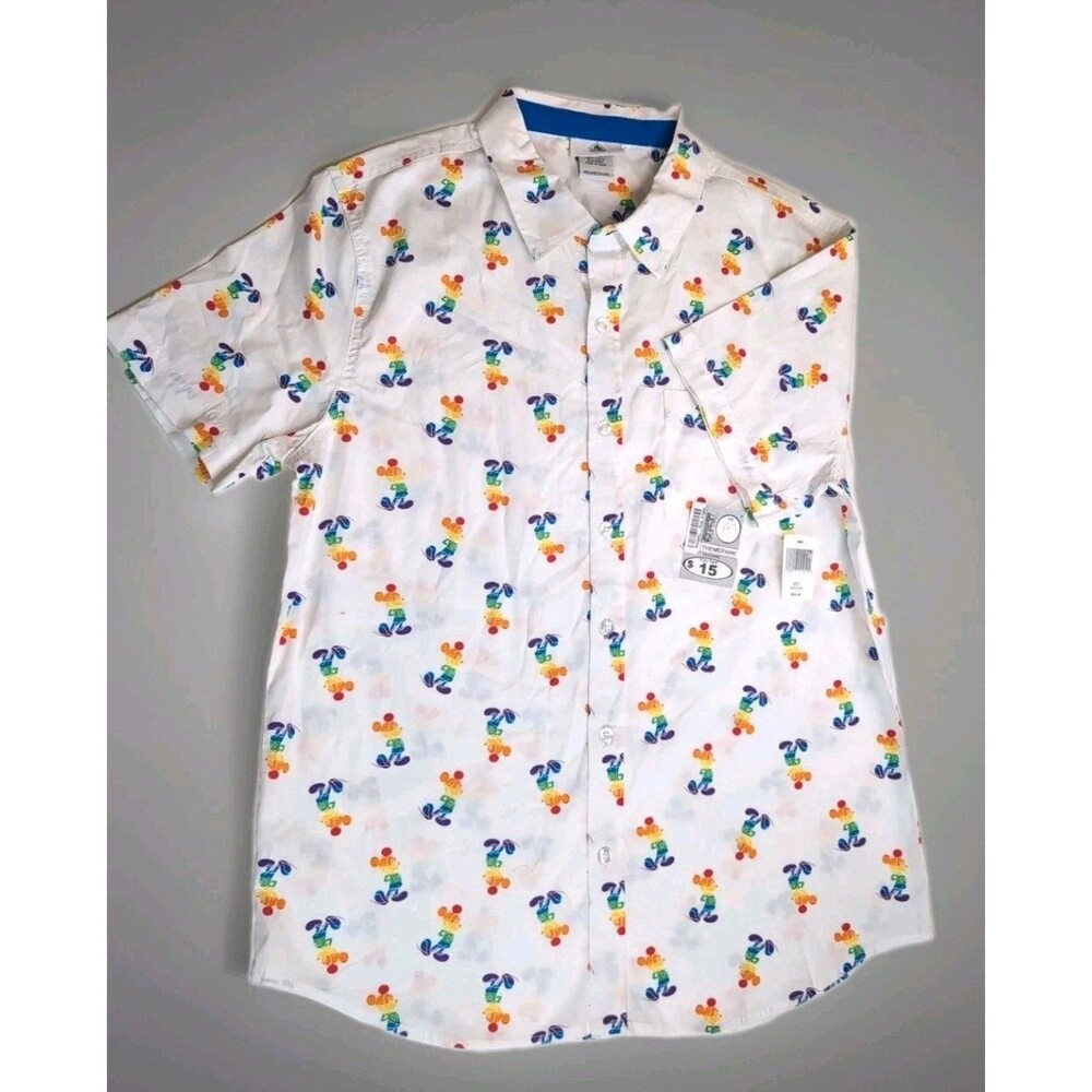 Disney Mens Rainbow Mickey Mouse White Button Up Shirt Sz M NWT All Over Print